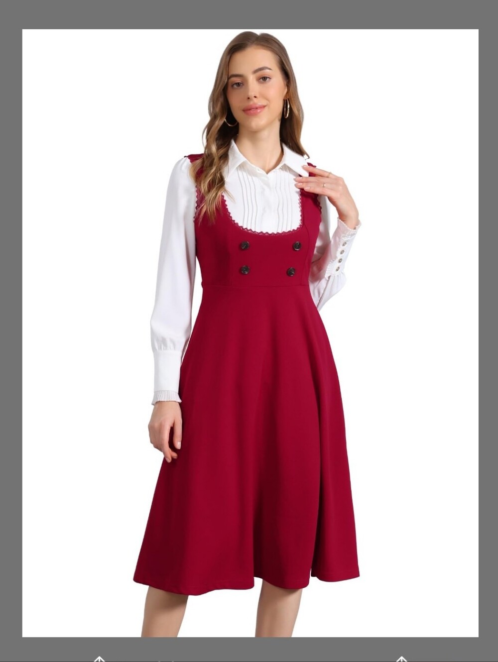 Women’s Burgundy Pinafore Midi Dress with Button Detail And Pockets